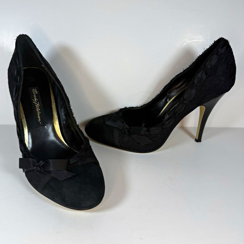 Beverly Feldman Black Suede Lace Bow Round Toe Stiletto Pumps Slip On Sz 7